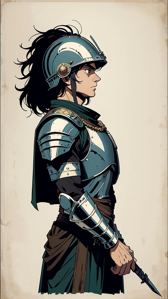 A Roman soldier is depicted in profile, wearing traditional armor, including a crested helmet. The dark and moody background adds a dramatic tone, with subtle lighting highlighting the metallic surfaces of the soldier's armor. Holds a sword, well-marked lines, very evident outline in the drawing, 90's cartoon style, Vintage cartoon style, Jae Lee style, J.H. Williams III style, Sean Murphy style.