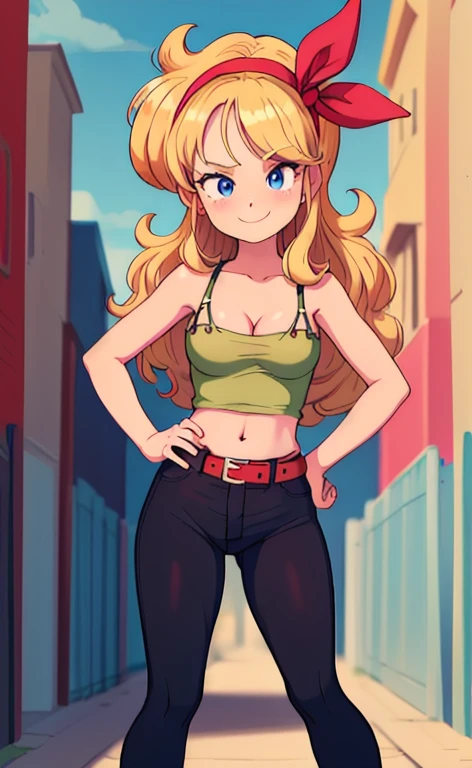 ((masterpiece, best quality)), insaneres, absurdres, solo, looking at viewer,
BlondeHair_BadLaunch_ownwaifu,
1girl, long hair, blonde hair,  curly hair, hair ribbon, blue eyes, medium breasts, red hairband, eyelashes, bangs, Pink shirt,  black leggings, black pants, pink crop top, midriff, cleavage, bare shoulders, navel, collarbone, pink tank top, belt, bare legs, outdoors, depth of field, vanishing point, a sidewalk (contrapposto, hand on hip), smile