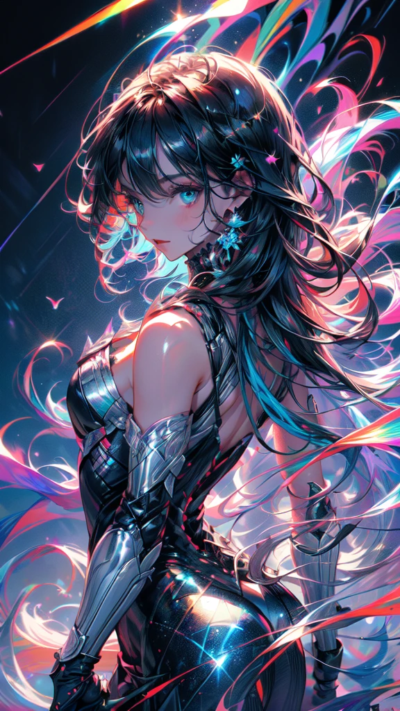 1girl,solo,cool,cleavage,fantastic,neon,brilliant,she has a wing,butterfly tattoo on her chest,in darkness,blue and black and purple
