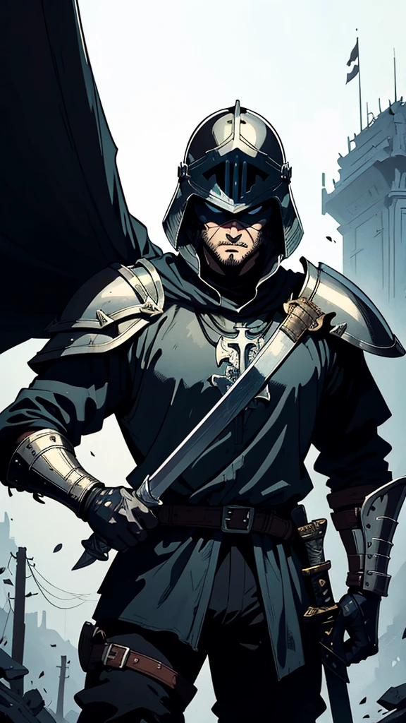 A medieval crusader dressed in armor, holding a large sword with one hands. He wears a helmet with a visor, and his body is covered in a tattered cape. The knight also carries a large shield with a bold cross on it, pierced by several arrows. The overall style is black and white, with a dramatic and intense atmosphere, GHIBSKY style painting, well-marked lines, very evident outline in the drawing, 90's cartoon style, Vintage cartoon style, Jae Lee style, J.H. Williams III style, Sean Murphy style.