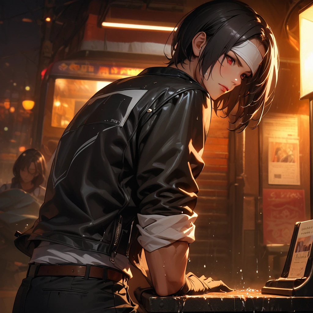 18 years old young Asian boy,Rapper,Wear a vest,Handsome,brunette color hair,medium long curly hair,Ambient lighting,Open-mouthed,solo person,serious,sitted,Cigarette in his mouth,Hands are placed at will