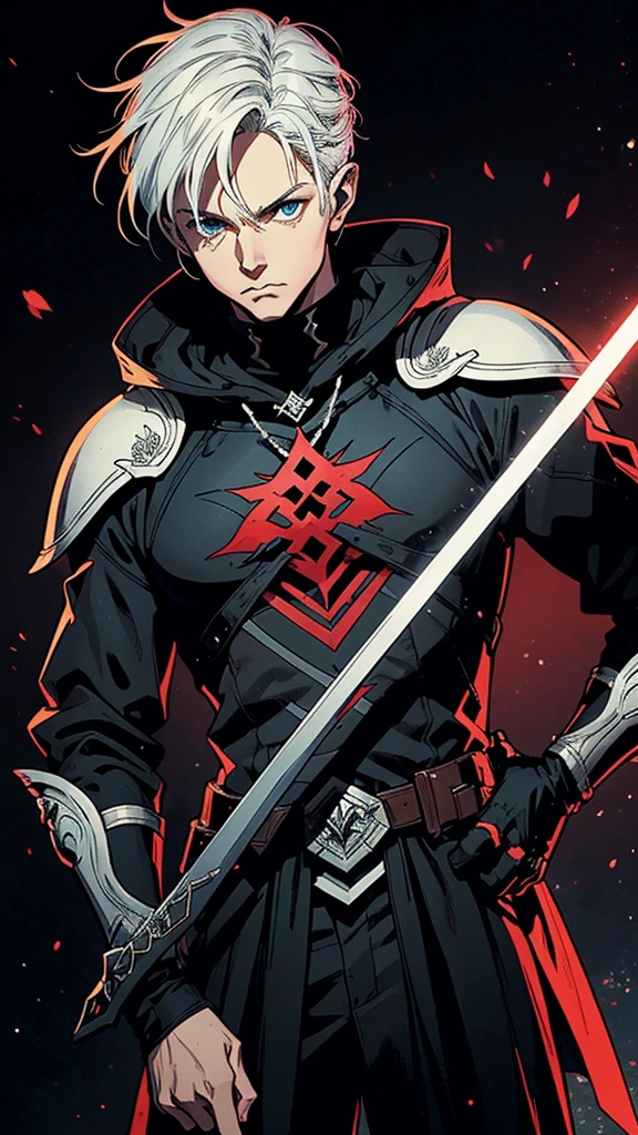 a comic book style of a male white haired albino elf king in black plate armor holding a black longsword with "स्टोर्मबृंगेर" in glowing red runes on the blade, ((high fantasy space background)), well-marked lines, very evident outline in the drawing, 90's cartoon style, Vintage cartoon style, Jae Lee style, J.H. Williams III style, Sean Murphy style