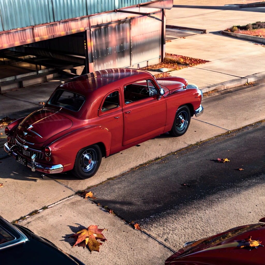 Picture in 3D. Fabulous Hudson Hornet red .  stands on asphalt with autumn leaves , and the Fabulous Hudson Hornet sparkles in the sun in the clear blue sky.