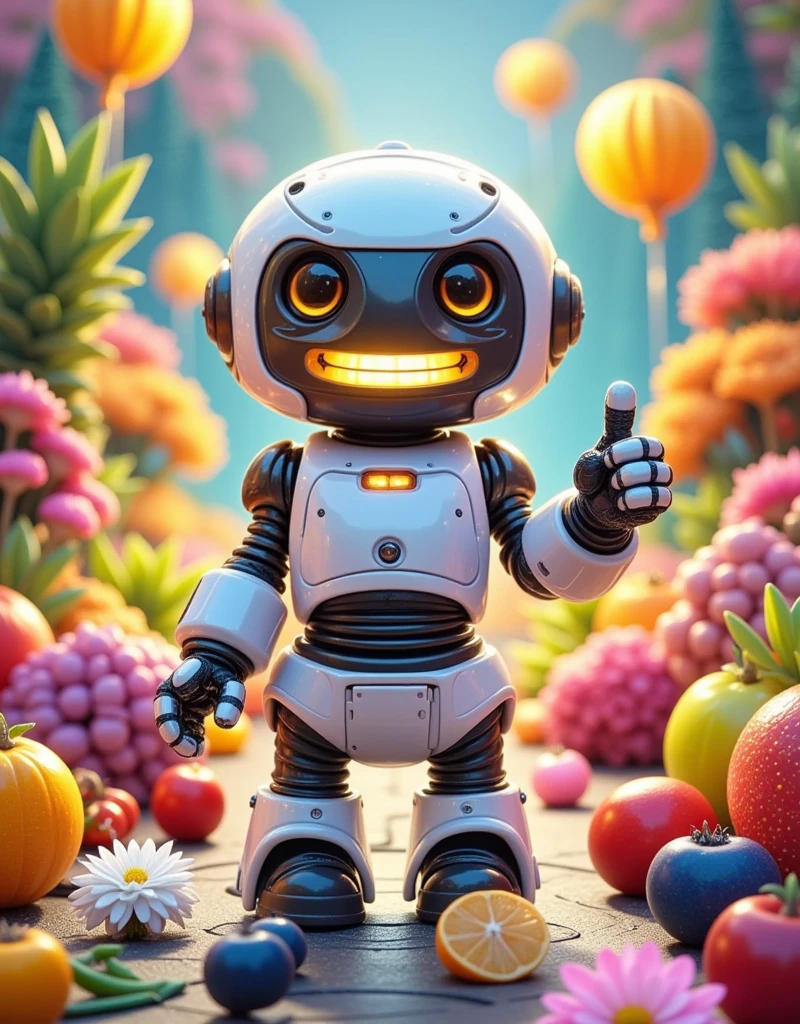 [Vision:1.0]，[Wide Angle:1.0]，Cartoon，Create five separate images, each depicting a small, friendly-looking robot expressing different emotions against a vibrant background of various fruits and vegetables. Image 1: the robot feels joy, demonstrating this by giving a thumbs-up sign. image 2: the robot displays surprise, and is in a sitting position. Image 3: the robot exudes love, forming a heart shape with its metallic hands. image 4: express the robot in excitement, possibly with its eyes widened and gears whirring. Image 5: the robot appears intellectual or 'smart', maybe by wearing glasses or appearing deep in thought，Light and Shadow，Fresh and natural，fairy tale，Rich colors，Abstract composition，Fantasy atmosphere，Dreamy emotions，3d, C4D rendering, 8k, super high detail, Bright colors，Bright，RGB, Colorful)，(High contrast:1.5)，(whole body:1.8), Magazine Photography， Popular on social platforms ，((Dopamineism))，(((Dopamine color matching)))，Facing the screen，Dopamine color，High Saturation， High Contrast， High Definition ，8k，Dopamine，(in the style of Y2K)，Luo Erchun，Three-dimensional ancient style，Oriental Poetry and Painting