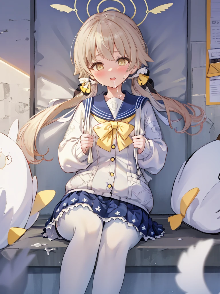 {best quality}, {very aesthetic}, {ultra-detailed}, {best illustration}, nsfw, 1girl, ajitani hifumi (Blue Archive), soles, foot, foot focus, black tights, black pantyhose, spread toe, cum on toe, school uniform, blue sailor collar, white cardigan,pleated skirt, hair bow, hair ribbon, halo, long hair, low twintails, sidelocks, twintails, wing hair ornament, yellow ribbon