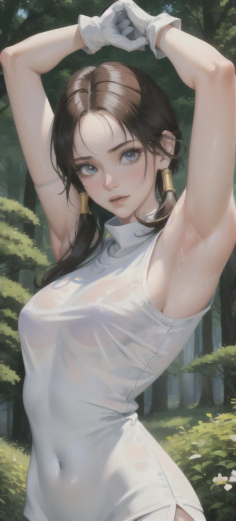 (( 1 woman alone)), ((White shirt)), Hay una 1 mujer con White shirt y Gloves , chell, chell from the portal, he saw, realistic cosplay, he saw , Hyperrealistic anime, Realistic 3D Anime, he saw, Perfect photorealistic body, muscular sweat, ((Gloves)), (((forest background))) wet shirt. (((showing armpits))) 