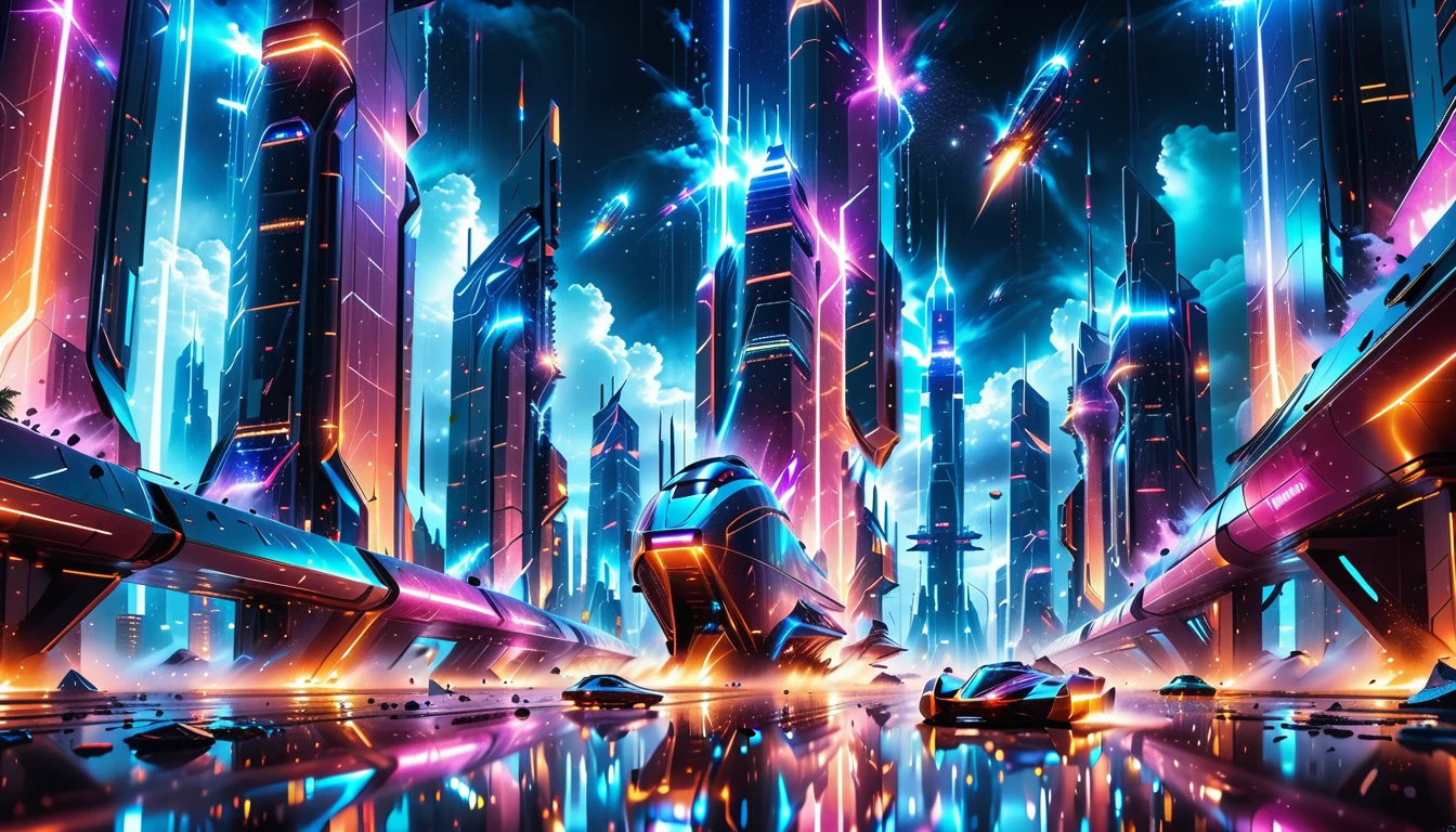 A Masterpiece In 32K Resolution, Supreme Quality, Super Detail, Official Art, Very High-Resolution 32K Wallpaper, Beautiful And Aesthetic, Ultra-Detailed Features, Awe-Inspiring Detail. Gigantic Neon Towers Rise Into The Night Sky, Their Surfaces Reflecting The Light Of The Universe. Electric Rain Falls From A Clouded Sky, Splattering Against The Metallic Streets. A Sleek Spaceship Soars Through The Sky, Leaving Streams Of Light, Futuristic Metropolis Below.