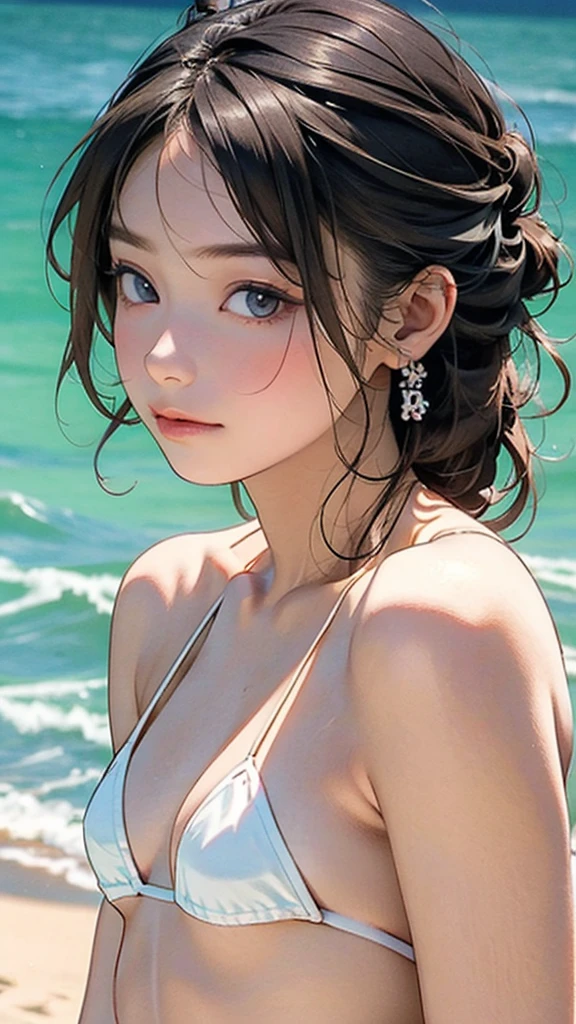 (12years old:1.4),(Very Young Face), (japan Person famous idol), 1girl, 1girl, (Extremely small white micro bikini style:1.4), Stroll along the seaside, sunshine, (masterpiece:1.0),(best_quality:1.0), ultra high res,4K,ultra-detailed, photography, 8K, HDR, highres, (perfect anatomy:1.2),(Beauty of form:1.4) Golden ratio, big eye,(nature's providence:1.4),