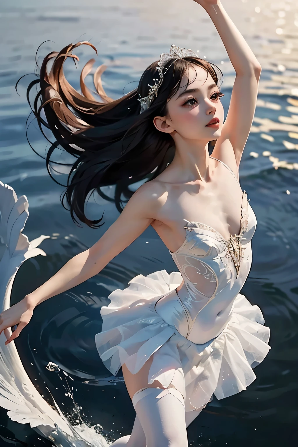 The first red of dusk kisses the surface of the water, and {x} a beautiful ballerina is dancing in a quiet swan lake at dusk:
In this exquisite painting 、 the gentle rhythm of her graceful dance unfolds . soft, a scene of unrivaled elegance and silence unfolds 、 living with intricate details , like the graceful neck of a swan that glides over the water 、 radiating a warm glow on an elegant ballerina . her supple figure , dressed in a flowing tutu , reflecting the meandering curves of the lake , Arms, Stretch out gracefully , like the graceful neck of a swan gliding on the water 、Reaching Heaven. The masterpiece is
