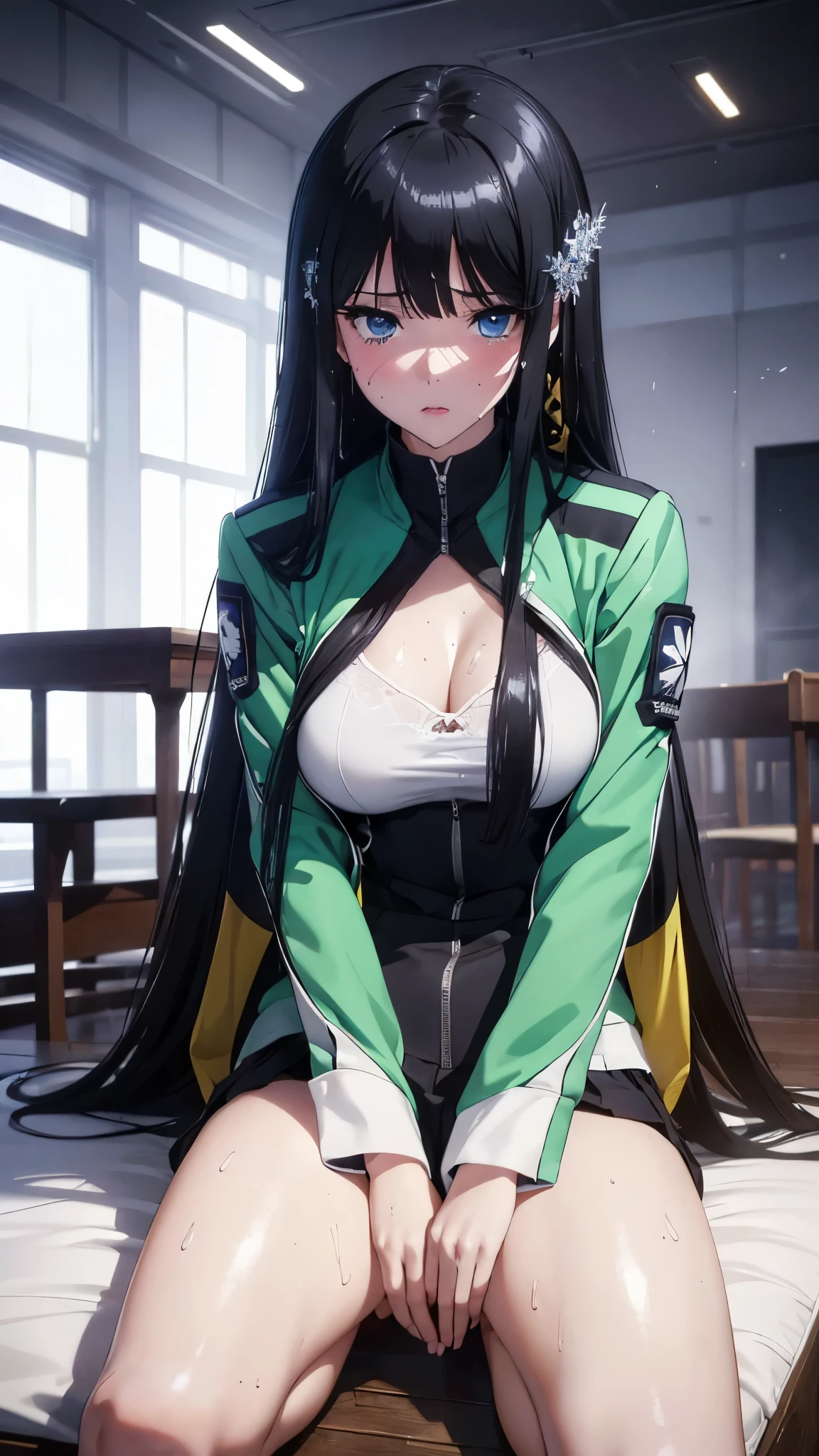 The Irregular at Magic High School , Miyuki Shiba, Shiba Miyuki, iris, blue eyes, tsurime, eyelash,  Black Hair , Long Hair, hime cut,  straight hair, Short bangs, blunt end, Side Lock,  hair accessories, snowflake  hair accessories, high school uniform ,  jacket, green  jacket, cropped  jacket, open  jacket, Long sleeve, (masterpiece: 1.3), (Maximum resolution: 1.2), (Ultra HD TV: 1.2), Cinematic Light, 8k resolution,  detailed facial features , (Sharp focus: 1.2）, ( focus on the face:1.2), perfect style , Beautiful Face, Acura,  anatomically accurate ,  High Definition Face and Skin Textures,  beautiful eyes, beautiful eyes, Thin eyebrows, Natural Cheek, Glowing Skin, White skin: 1.2, (Glossy lips: 1.4),、 ( look embarrassed: 1.2), High Definition Face and Skin Textures, Natural Cheek, , Glossy lips: 1.4, perfect style 、Exposed cleavage、Soft Breasts、（Semen on chest:1.6）（Cum on thighs 1.5）、 Cum on face、Drenched in sweat、Wet clothes、、A humiliating look、 uneasy expression、Frightened expression、 look embarrassed、Glare、anger、sorrow、tears、（Open your knees:1.5）、（Spread your legs:1.5）、 White underwear、 sweaty 、Thin underwear、18 years old、 Clear, A clean-cut woman、Full body portrait、 Beautiful breasts,  Black Hair 、blue eyes、 beautiful eyes、Torn clothing、In a dark classroom、Look Away、Straight Long Hair、She's completely naked and surrounded by multiple men holding their own dicks、