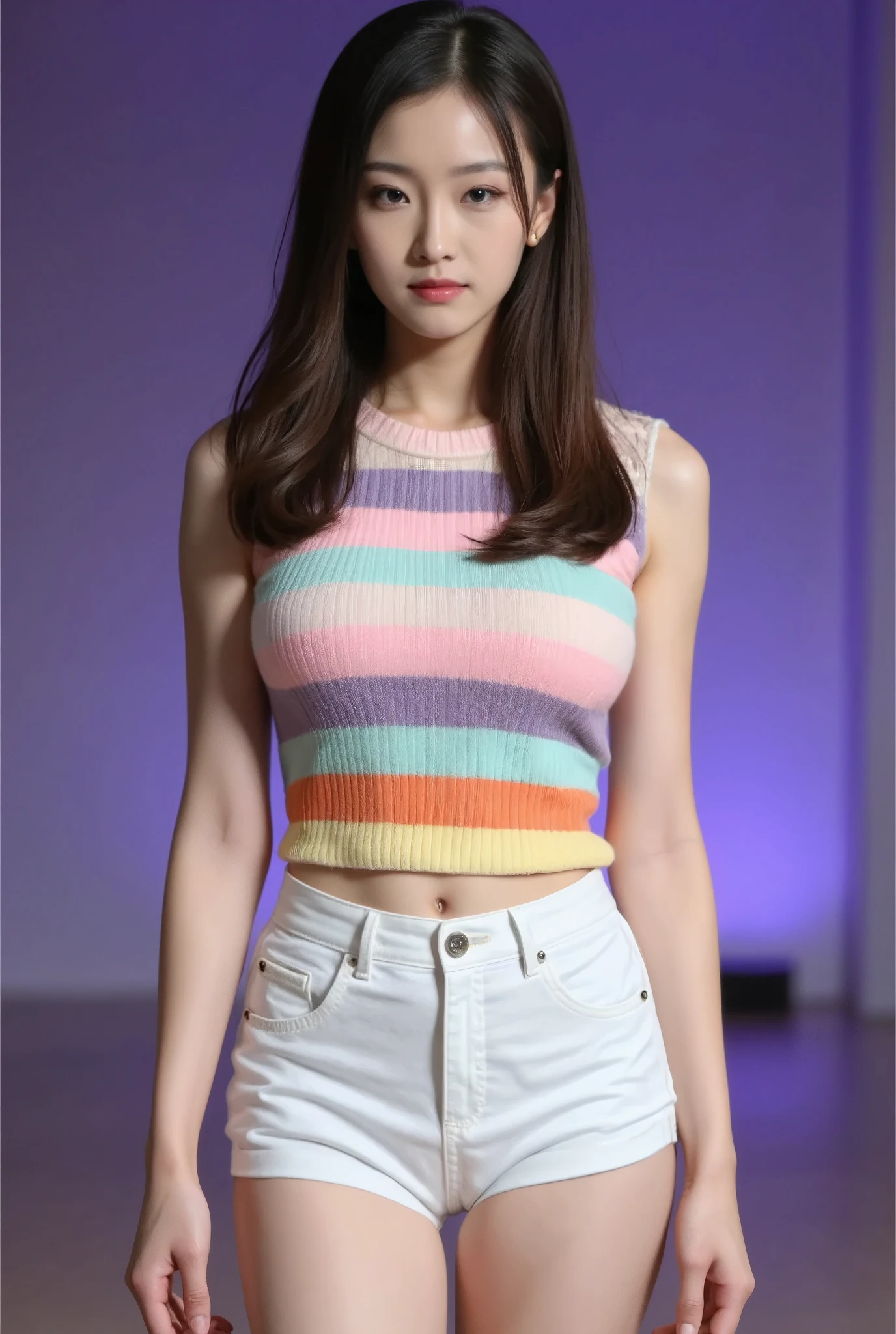 Full body photo of a pretty young woman, wearing white shorts and a knitted sweater with stripes in pastel colors like pink, purple, mint green, yellow, and orange. She has long brown hair tied into a low ponytail behind her head. The background is a plain purple wall. Her expression looks serious or cold. She stands on a stage at a fashion show.