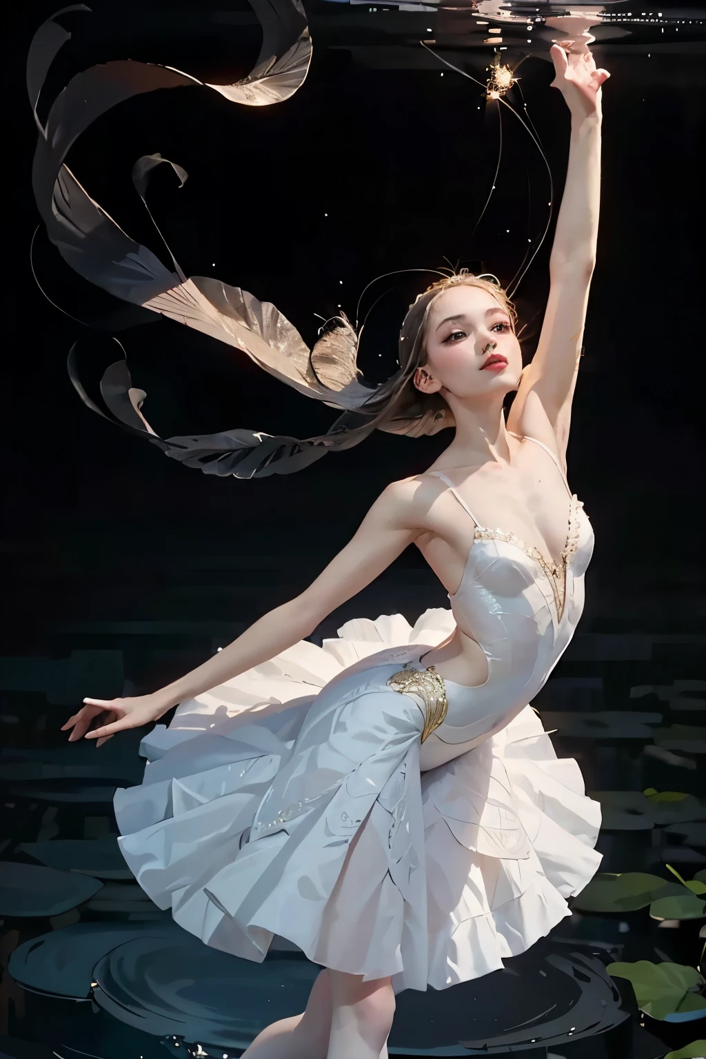 The first red of dusk kisses the surface of the water, and {x} a beautiful ballerina is dancing in a quiet swan lake at dusk:
In this exquisite painting 、 the gentle rhythm of her graceful dance unfolds . soft, a scene of unrivaled elegance and silence unfolds 、 living with intricate details , like the graceful neck of a swan that glides over the water 、 radiating a warm glow on an elegant ballerina . her supple figure , dressed in a flowing tutu , reflecting the meandering curves of the lake , Arms, Stretch out gracefully , like the graceful neck of a swan gliding on the water 、Reaching Heaven. The masterpiece is