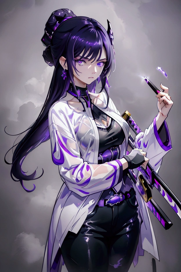 a woman with purple black hair, sad expression, purple eyes, wearing a white shirt and black pants, holding a purple katana, (best quality,4k,8k,highres,masterpiece:1.2),ultra-detailed,detailed portrait,dramatic lighting,dramatic pose,cinematic,moody atmosphere