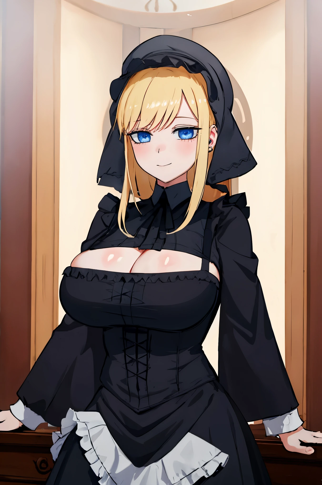 ((big  )), ((black gothic uniform)), maid hat, topless uniform, cleavage, blue eyes,  blonde hair, best quality, (masterpiece:1.2), indoor, cafe, room, looking at viewer, closed mouth, smile, blush face,  upperbody