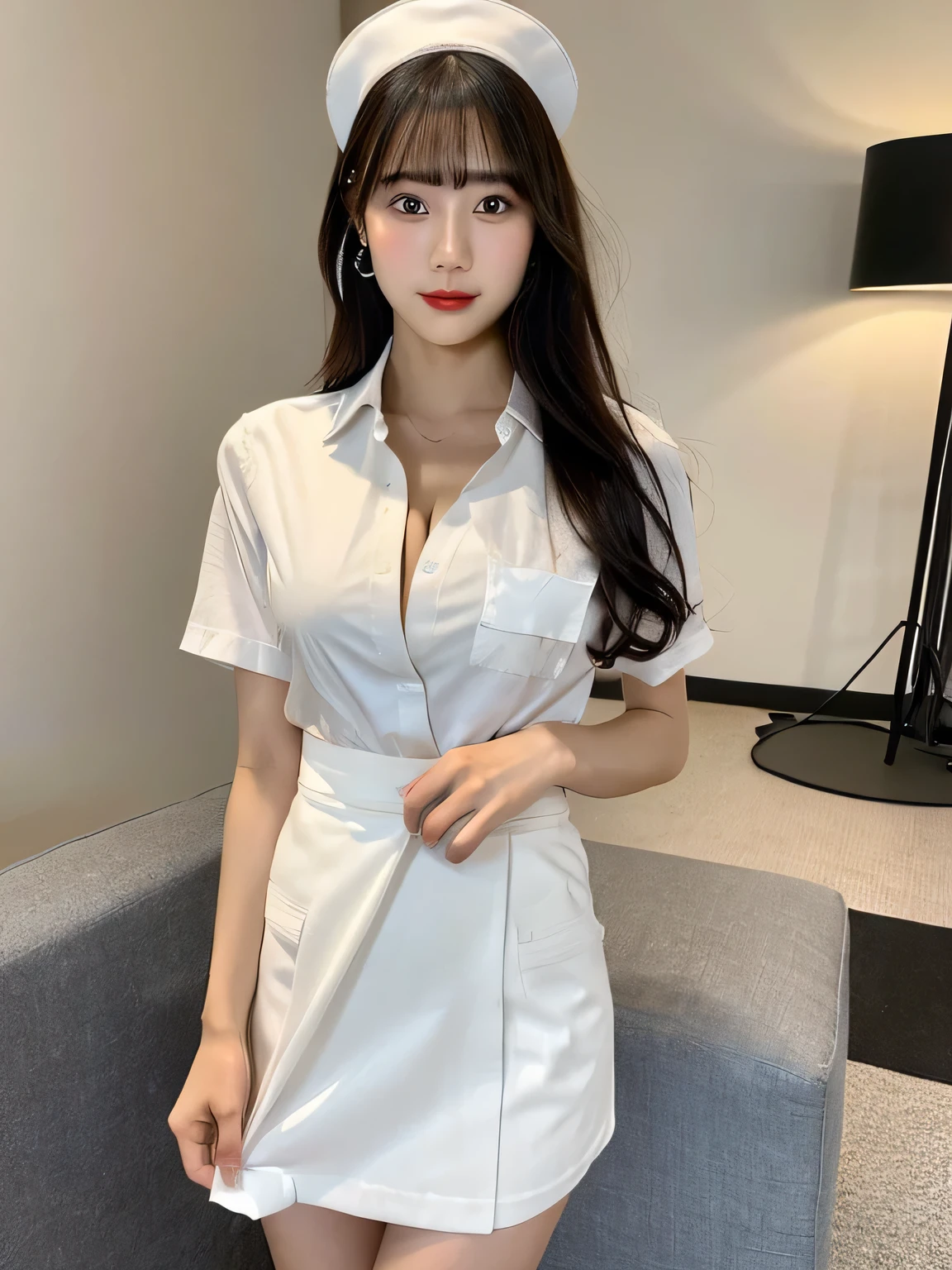 Masterpiece,best quality,high quality,detailed,ultra detailed.4K/8k,Full-HD,high resolution、1girl,Japanese in their 20s、 medium long hair、Black Hair、beautiful lashes、Natural Eyes、Slender body、nurse, nurse cap, breast pocket, collared dress, short dress, short sleeves, thighs, white dress, white headwear,(Flirtingly lifting her skirt to show her panties:1.3)、Emphasize the cleavage、indoor