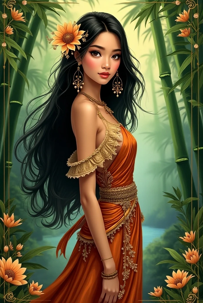 Imagine a paradisiacal setting, where nature exudes its exuberance and vitality. In this environment, the orixá Ewá, a deity of the Yoruba pantheon associated with fertility, flowering and renewal, reveals herself in all her magnificence.
In the painting, highlight the radiant figure of Ewá in the foreground. She is portrayed as a young and graceful woman with a soft skin and a serene smile. Her long black hair is adorned with colorful flowers, which symbolize her connection with flora and the renewal of nature.
Around Ewá, represent elements that highlight your connection with the vegetation and the beauty of the land. Paintings of lush flowers and tropical plants can wrap around your body, creating a mantle of life and vitality. Butterflies and colorful birds may be present, symbolizing transformation and freedom.
On Ewá's face, he caught a soft, radiant expression. His eyes convey the wisdom and serenity of nature, while his features emanate the energy of renewal and flourishing. Subtle details on your skin can suggest an inner luminosity, highlighting your divine connection to the earth.
Use a vibrant and lush color palette to convey the energy of nature and fertility. Shades of green, pink, yellow and orange can predominate, creating an atmosphere of joy and abundance. Use soft, flowing brushstrokes to convey the fluidity and vitality of the scene.