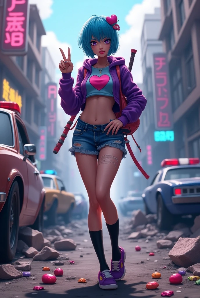 Caucasian, (leaning forward:1.4), emo, (downblouse:1.3), beautiful face, (heavy makeup:1.2), (black colored lipstick), (messy hair:1.2), (emo_hairstyle:1.2), black hair with purple color streaks, pale skin, happy face, body, slender body, (lab coat, with nothing else), small breast, (detailed skin texture:1.1), (blush:0.5), (goosebumps:0.5), subsurface scattering, in a (crowded urban skate park:1.2), (breast focus:1.2), (closeup:1.3), (masterpiece, best quality, photorealistic:1.2), intricate details, 8k, HDR, canon d5, sharp focus, vivid colors,