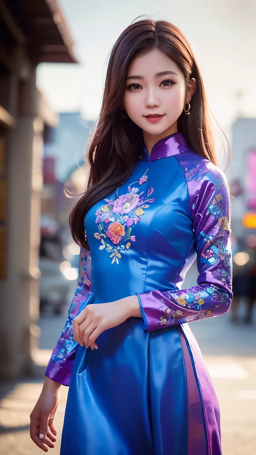 ulzzang-6500-v1.1,(Raw photo:1.2), (realistic:1.4), Delicate beautiful girl, The sparkling eyes create a very fun atmosphere.................. . ......,, Attractive eyes and moist lips, long black hair,(smile:1.3),Detailed facial depiction, Formula details, detailed facial features, Star Masterpiece Fine Detail, Detailed explanation of the role ,detailed drawing of hair, carefully drawn, My body is rippling, detailed hand drawing, Detailed drawing of the garment, Detailed drawing of faces, perfect face, detailed hand drawing, 4 fingers and 1 thumb:1 ,3),orthofacial,choker necklace, earrings, expert work, very close to reality, (whole body写真: 1.5)), best image quality, highest quality, unlimited details, 8K resolution,(( (Beautiful patterned embroidered Chinese dress 1.5)))((Pink lavender long skirt cheongsam dress)))(ancient courtyard scene:1.3),smile, narrowed hips, sexy pose,bold pose, (Beautiful legs visible through the slit of a long skirt) , (super realistic pantyhose:1.3), big breasts, beautiful flowing hair,(whole body), (cute face: 1.15), (big breasts: 1.0) high heels, Big sexy hips, medium sexy thighs