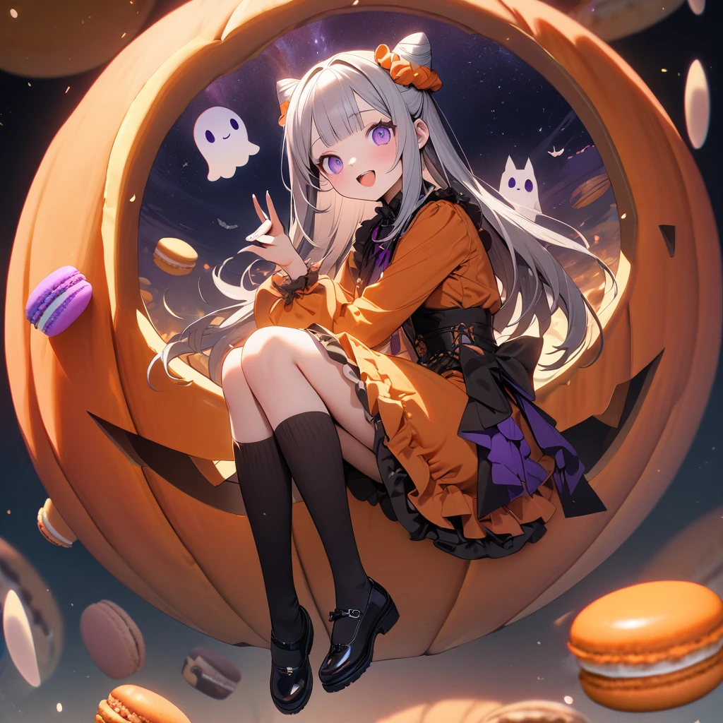 (8K, best quality, master piece: 1.2),super high resolution,1 girl,16yo,solo,ultra-detailed face,detailed eyes,purple eyes,gradient eyes,grey hair,(cone hair bun:1.4),hair scrunchie,long hair,straight hair,purple eyes mascara,blunt bangs,fetal position,flying,full body,orange Halloween dress,lolita fashion,knee-high socks,green mary janes,(fox shadow puppet:1.4),happy,open mouth,cute,looking at viewer,rim light,from side,detailed background,(three cute ghosts floating in the sky:1.2),(many Chocolates floating in the sky:1.3),(many macarons floating in the sky:1.3),three pumpkins floating in the sky,galaxy