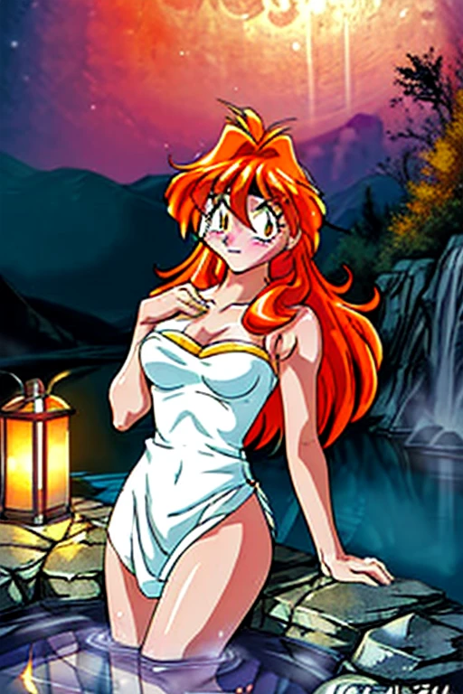 {{masterpiece, ultra-high quality, ultra detailed CG,}} Lina Inverse, hot springs, questionable, official art, orange hair, mid back hair length, flirty look, mist over the water, white towel wrapped around body, full moon in sky, stary night