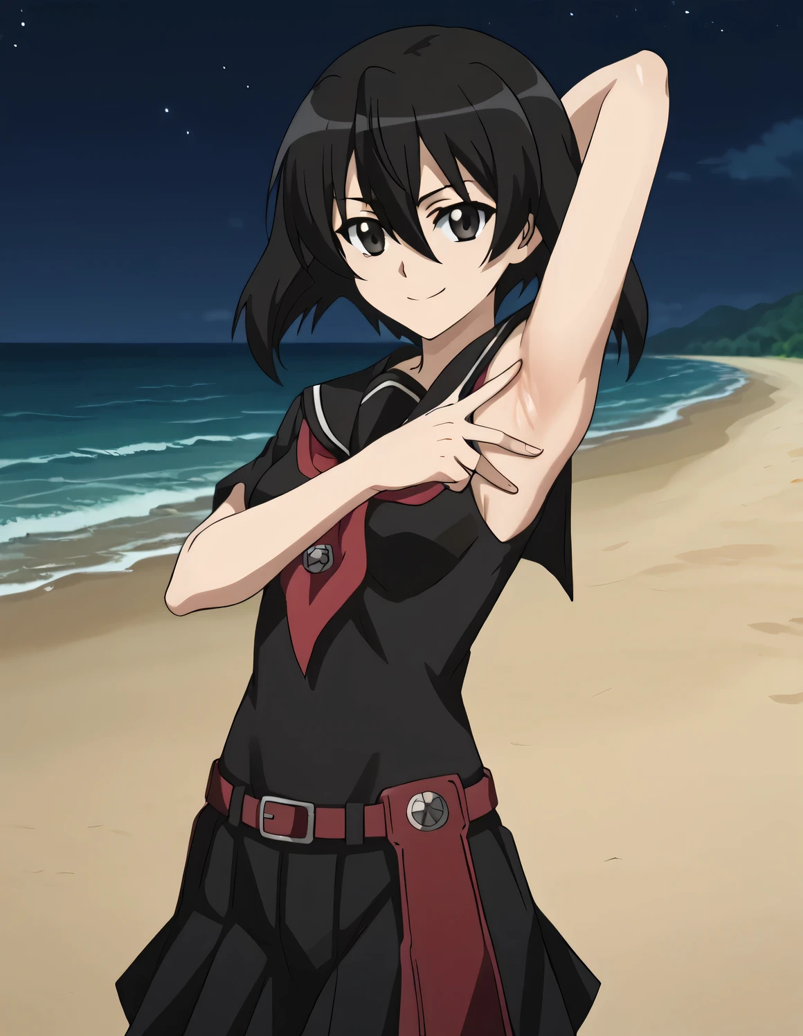 kurome, school uniform, serafuku, black serafuku, short hair, skirt, hair between eyes, pantyhose, shiny skin, high quality, closed mouth, looking at viewer, showing armpit, looking at viewer, solo, {contrapposto}, spread armpit, arm behind head, finger on armpit, smile, looking at viewer, cowboy shot, closed mouth, night sky, beach, best quality