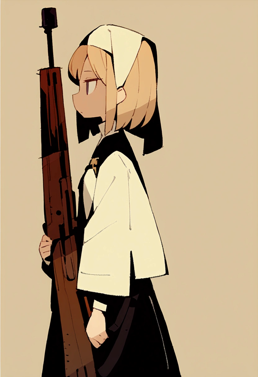 超detailed、Best Quality、masterpiece、 cartoon style、detailed、Best Quality、masterpiece、a girl、Beige Hair、Expressionless、jitome、profile、empty eyes、Nuns、Holding a rifle、Wooden rifle