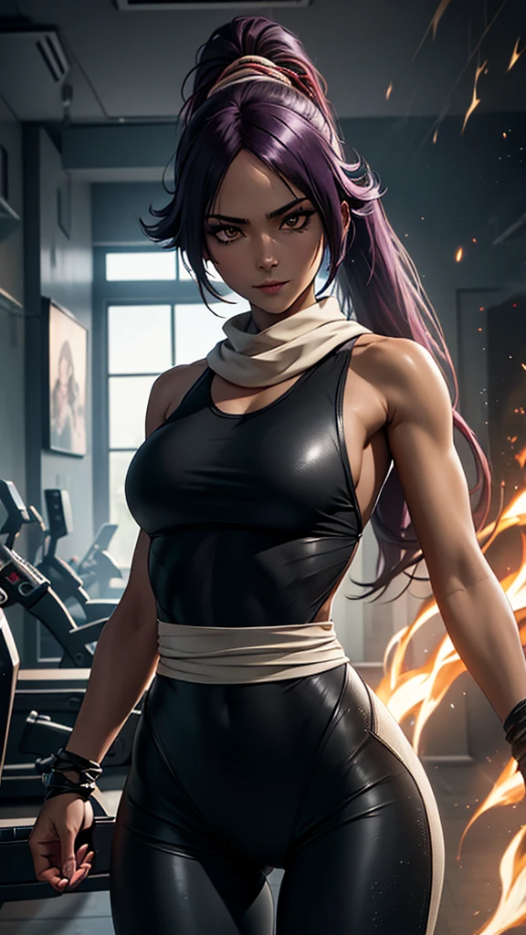 realistic 1.2, She is at the gym, gym, (masterpiece, best quality: 1.2), photo the cowboy, Alone, 1 girl, shihouin yoruichi, smile,  Looking at the spectator ,  ponytail, black tank top, white scarf,  technology wearing a white skirt with black leggings underneath, The level of detail is inspiring, realistic 1.2,  vfx (Visual Effect) highlights the intricate anatomical features in a perfect way. sfx, complement visual art, immersing the viewer. The level of detail is inspiring, with intricate elements meticulously crafted, Volumetric effects add depth and dimension , and the photorealism is unmatched. The image is rendered in 8K resolution, ensuring super detailed visuals. Volumetric lightning adds a touch of magic, highlighting your beauty and the aura of a supernatural way . A tecnologia High Dynamic Range (HDR) makes the cores stand out, adding richness to the overall composition. Finally, this art presents an unreal portrait.