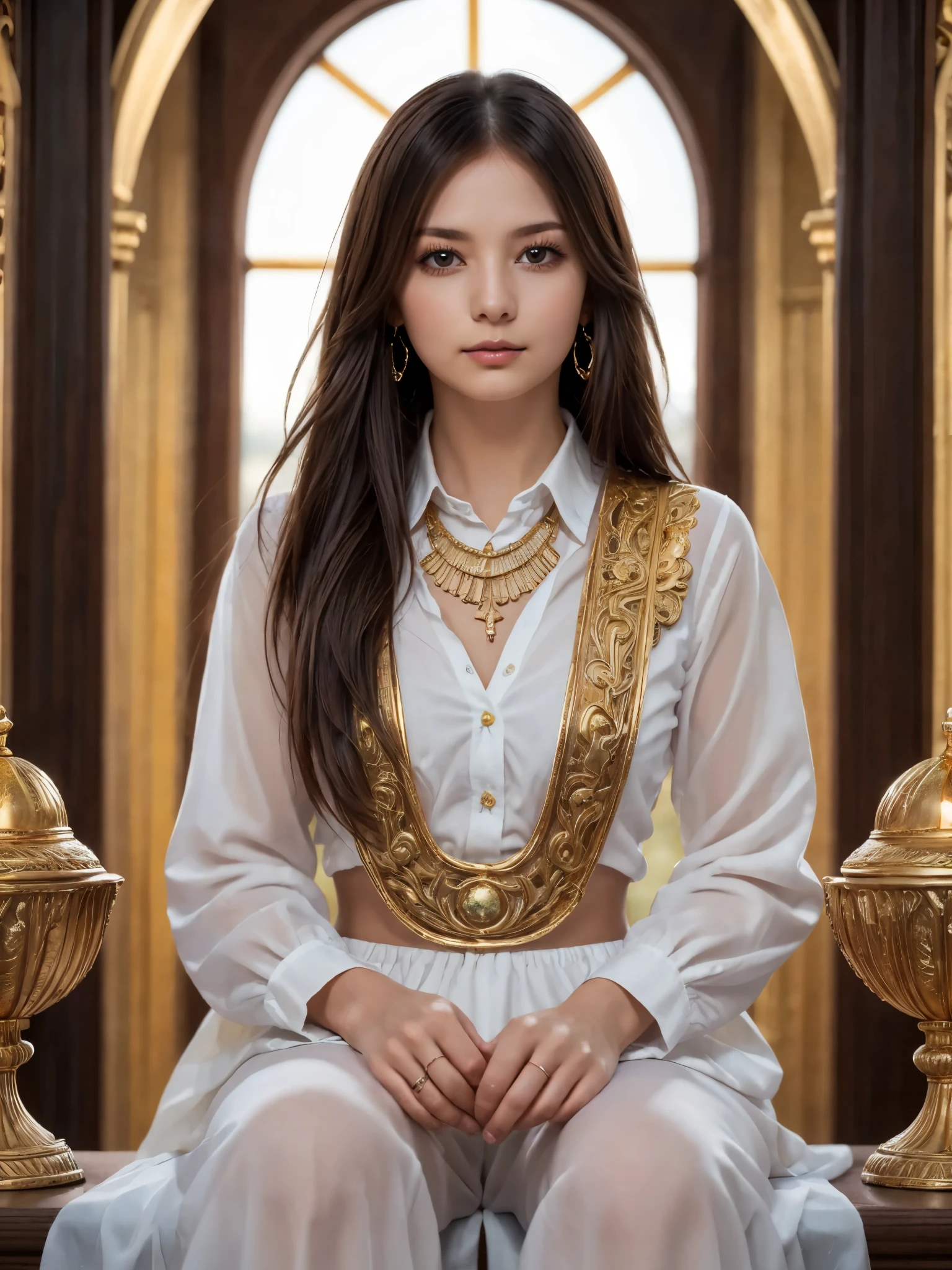 girl, sitting, long hair, straight hair, collared blouse, looking at viewer, holy grail, golden chalice, sacred, mythical, divine gold, intricate craftmanship, detailed engravings, embedded gemstones, surrounded by or emitting a glowing light, halo, heavenly, otherworldly, fine materials, tarnished patina, subtle necklace, earring, highest quality, black hair, brown hair, lucury hotel, beautiful clothing, colorful clothing, fashion collection,