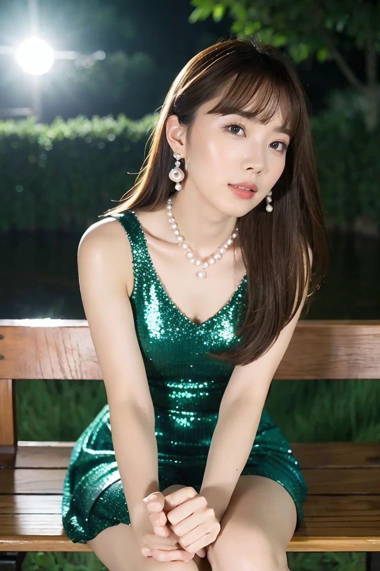  Best Quality, masterpiece,  High Resolution , Realistic, RAW Photos, 8K wallpaper, perfection,  PROFESSIONAL WRITING,  very detailed,  depth of border described ,  1 girl, Mature, Dark night in the park, formal mini skirt dress、one piece、High heels, pearl earrings 、Pearl Pendant、 (Look away), Detailed face,  beautiful eyes, Sit on a bench, bangs, Shapely small breasts,  Light Brown Straight Hair, Green、 Flash Shot、 angle from below、Strong winds