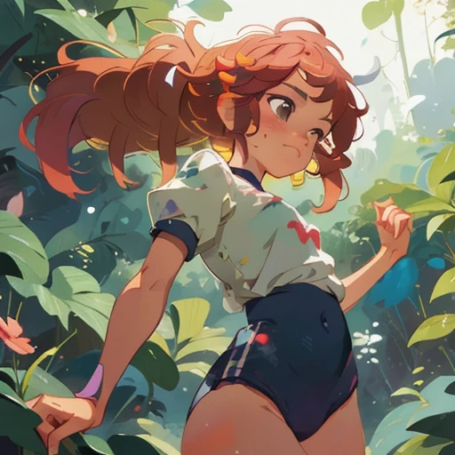 girl in a forest with floating flowers, river, puffy, puffy cheeks, cute,
vibrant colors, colorful art style, 
soft lighting, soft shadows, detailed textures, dynamic lighting,  
nice hands, perfect hands, 
wearing a Black gymnastics bloomers, High leg、white blouse, cowboy shot