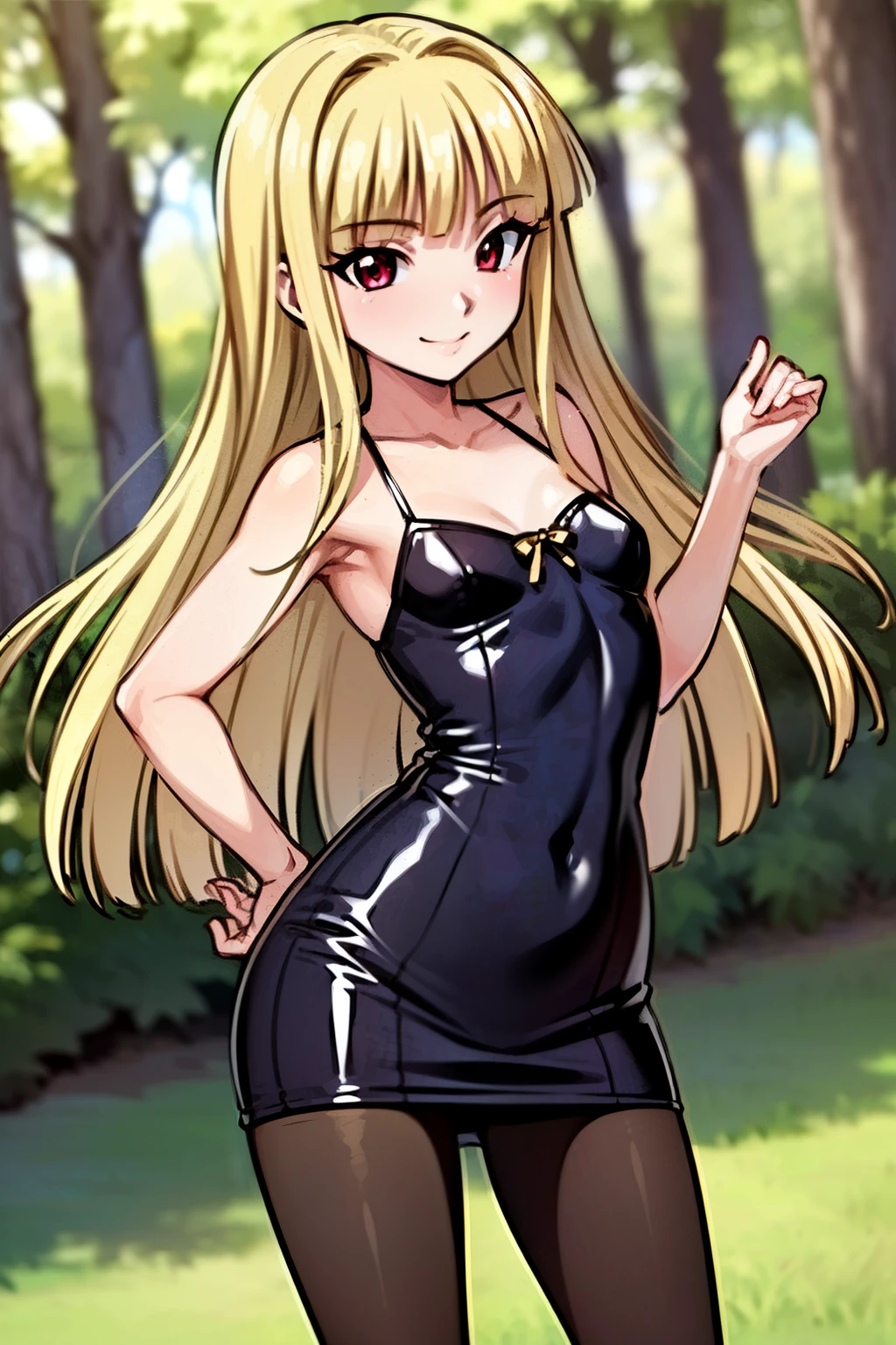 (Masterpiece), Best Quality, ultra-detailed, 1girl (evangeline a.k. mcdowell, petite, lovely small breasts, wide hips, blonde hair, long hair, red eyes, half-closed eyes), wicked smile, solo, sundress (one-piece), micro skirt, brown pantyhose, forest, standing, a provocative pose. 