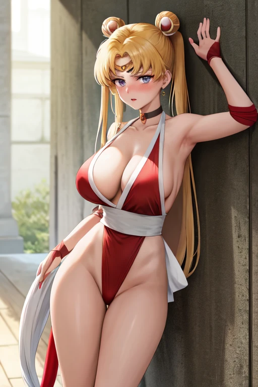 masterpiece, best quality, beautiful art, high resolution, well formed hands, body and fingers, 1 woman, solo, Kate Upton, blonde, adult, grown up,  cosplaying as Mai Shiranui , mai_shiranui_cosplay, adult, large and round breasted, cleavage, full body , hair ribbon, gorgeous legs and, thighs, sexy Japanese clothes, hair ornament , sexy legs , hips and thighs, doing exercise, warming up, working out, sexy and captivating training, smiling joyfully and happily , looking at the viewer, panties peek, sweating , bouncing breasts, t back thong, training montage session, beach environment       