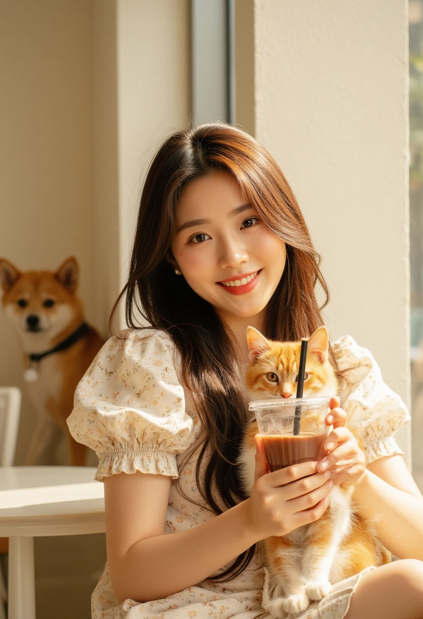 A 22-year-old Thai woman with long wavy brown hair takes a cheerful selfie in a cozy cat café. She is wearing a bohemian dress with puffed short sleeves and bare shoulders, adding a stylish and relaxed vibe. In one hand, she holds a clear plastic cup filled with ice chocolate drink with a black straw. Behind her, a playful Shiba Inu adds a lively touch to the scene. The café has minimalistic decor with cream-colored walls, and soft natural light from the windows creates a warm, relaxing atmosphere. The overall mood is bright, friendly, and inviting, with both the woman and the cat in focus.