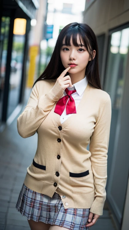 (((8k、High resolution、Best Quality、High resolution)))Alone、Natural body shape、White skin、 natural makeup、Black Hair、bangs、 straight long hair 、、((high school uniform)) 、((Beige cardigan、White long sleeve collared blouse))、((Red check pleated skirt))、(Red school ribbon)、、(Big Breasts:1.3)、((The upper body is wearing a uniform))、(((((Looking into the camera)))))、(((Head to toe portrait)))、(((Exposing your thighs)))、School corridor、Standing、((Focus on the crotch))、White socks