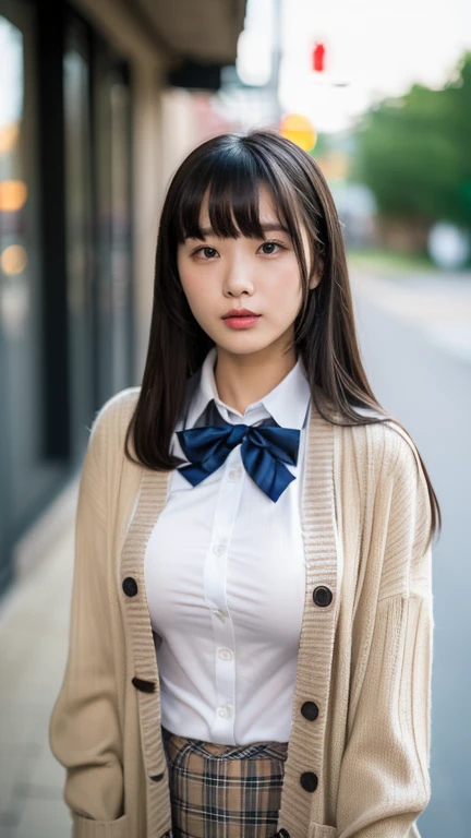 (((8k、High resolution、Best Quality、High resolution)))Alone、Natural body shape、White skin、 natural makeup、Black Hair、bangs、 straight long hair 、、((high school uniform)) 、((Beige cardigan、White long sleeve collared blouse))、((Red check pleated skirt))、(Red school ribbon)、、(Big Breasts:1.3)、((The upper body is wearing a uniform))、(((((Looking into the camera)))))、(((Head to toe portrait)))、(((Exposing your thighs)))、School corridor、Standing、((Focus on the crotch))、White socks