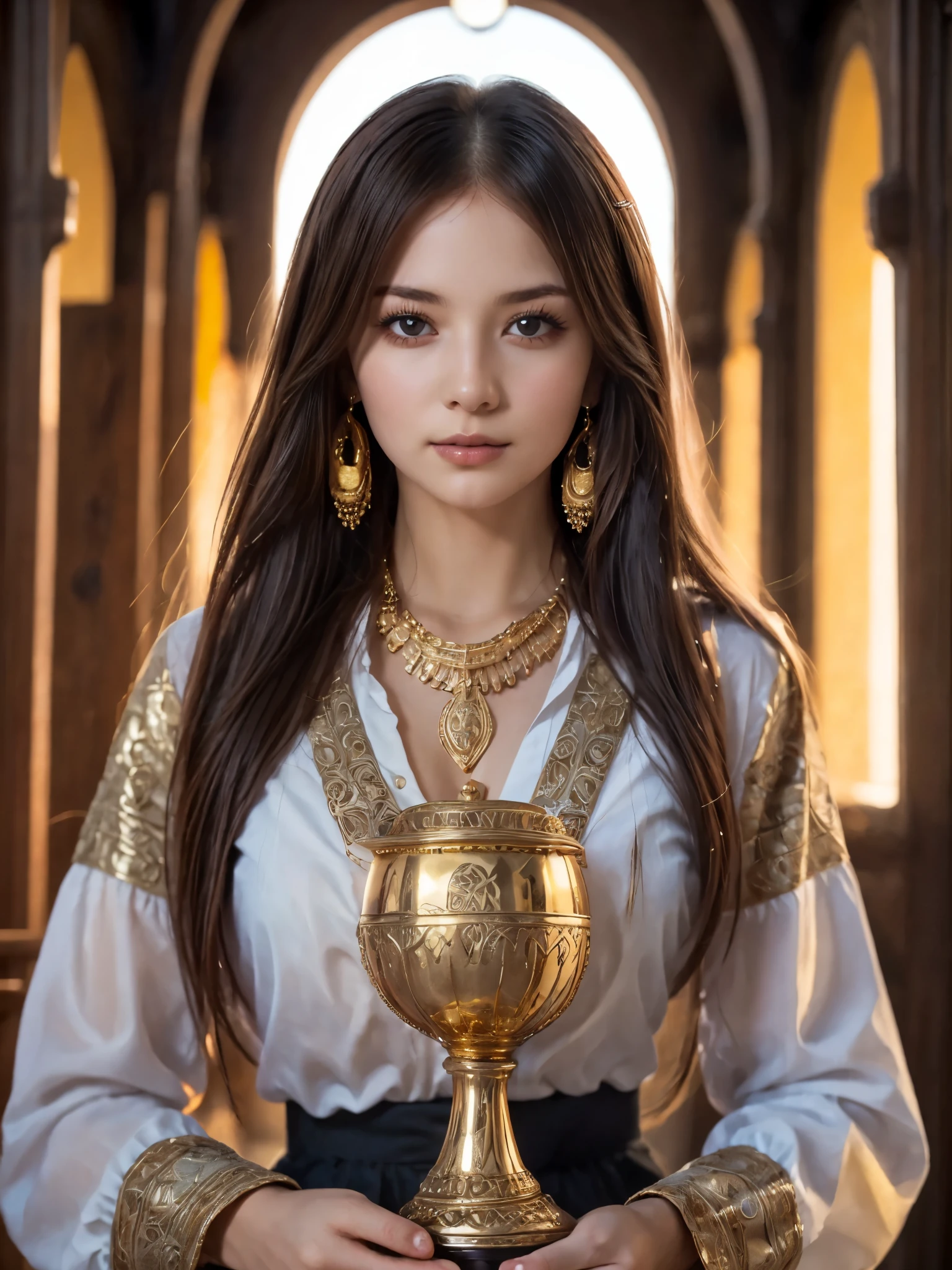 girl, sitting, long hair, straight hair, collared blouse, full breasts, looking at viewer, holy grail, golden chalice, sacred, mythical, divine gold, intricate craftmanship, detailed engravings, embedded gemstones, surrounded by or emitting a glowing light, halo, heavenly, otherworldly, fine materials, tarnished patina, subtle necklace, earring, highest quality, black hair, brown hair, lucury hotel, beautiful clothing, colorful clothing, fashion collection,