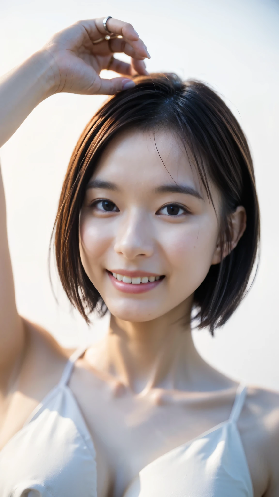 Best Quality,masterpiece,Ultra-high resolution, High Definition RAW Color Photos ,Professional photos,Natural skin texture,Fine skin, hyperrealism , Japanese Woman , black hair short cut hair,((arms behind head),smile, topless,No bra,face focus,Close-up of face,(gigantic breast))