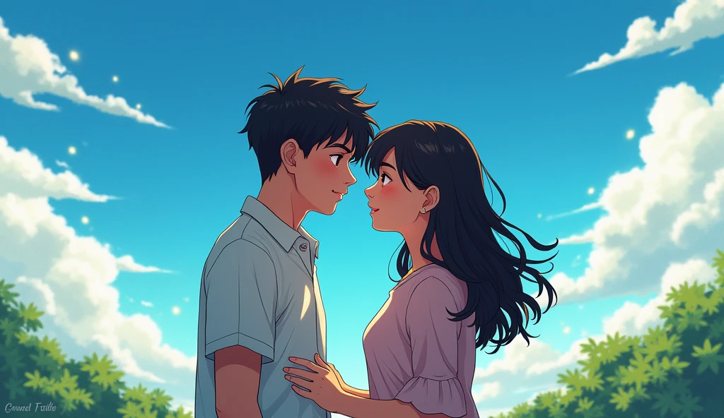 I want an image of a girl and boy hugging each other  from side angle in foreground. In background there should be a road ,vuilding and trees aside