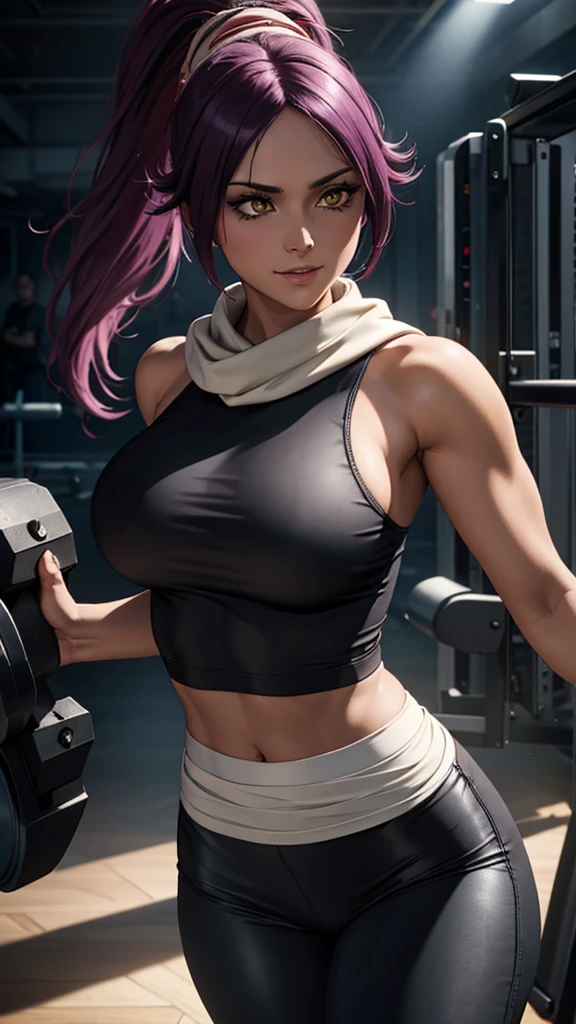 realistic 1.2, She is at the gym, gym, (masterpiece, best quality: 1.2), photo the cowboy, Alone, 1 girl, shihouin yoruichi, smile,  Looking at the spectator ,  ponytail, black tank top, white scarf,  technology wearing a white skirt with black leggings underneath, The level of detail is inspiring, realistic 1.2,  volumetric effects add depth and dimension , and the photorealism is unmatched. The image is rendered in 8K resolution,  ensuring super-detailed visuals .  Volumetric lighting adds a touch of magic ,  highlighting your beauty and aura in a supernatural way . A High Dynamic Range  (HDR) makes the cores stand out, adding richness to the overall composition. In the end, this art presents an unreal portrait.