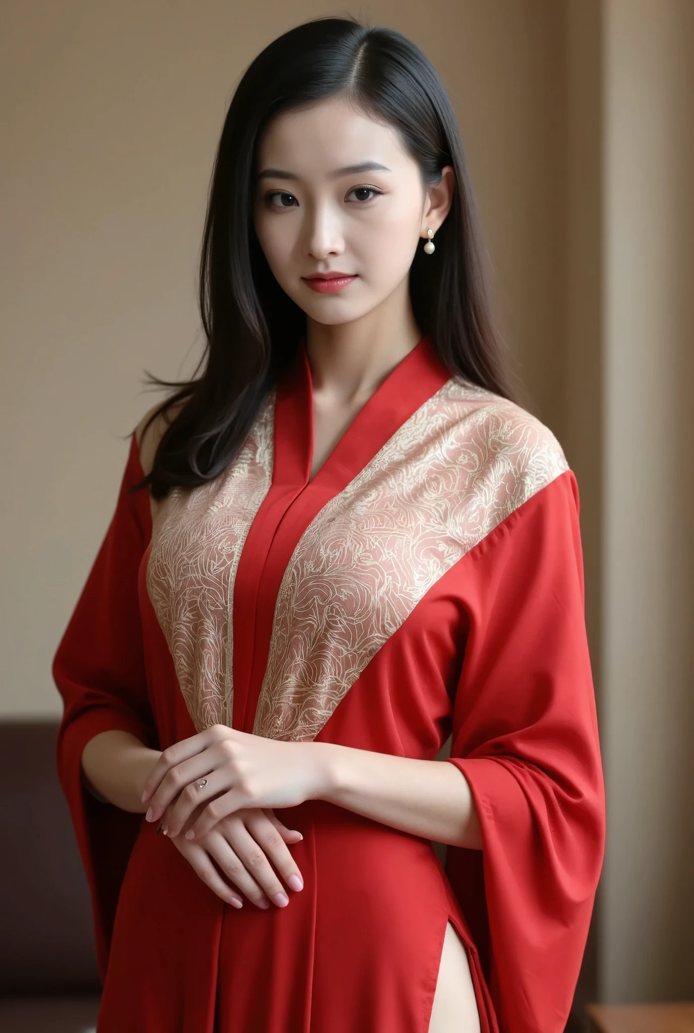 A beautiful woman, dressed in a red Hanfu with gold embroidery on the chest and shoulders, is wearing an off the shoulder dress, gazing towards the camera. She has exquisite makeup and is wearing earrings, standing against a beige background. The photo uses soft lighting to highlight her elegant demeanor.
