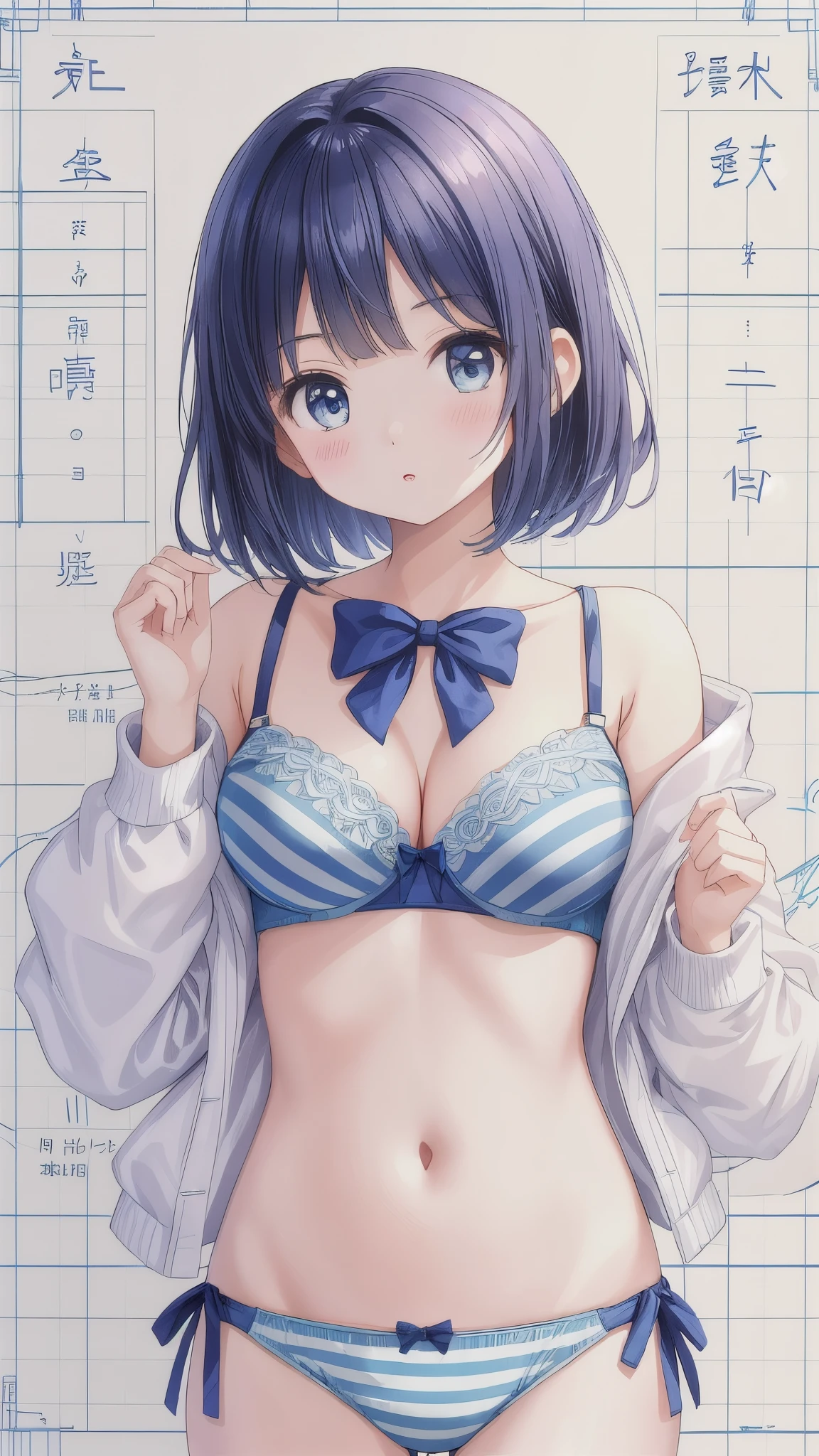 One girl, High resolution, chest, 大きなchest, Setting diagram, ,Big eyes,Round face,Blue bra with striped pattern,Blue panties with stripes,whole body,upright