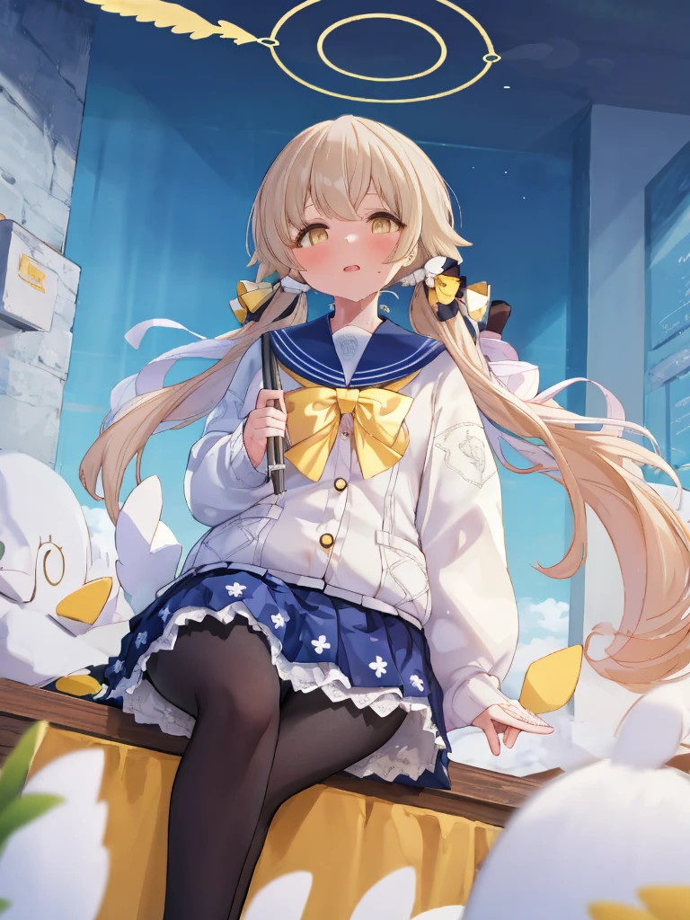 {best quality}, {very aesthetic}, {ultra-detailed}, {best illustration}, nsfw, 1girl, ajitani hifumi (Blue Archive), soles, black tights, black pantyhose, foot, foot focus, spread toe, cum on toe, school uniform, blue sailor collar, white cardigan,pleated skirt, hair bow, hair ribbon, halo, long hair, low twintails, sidelocks, twintails, wing hair ornament, yellow ribbon, sitting, legs up, from below