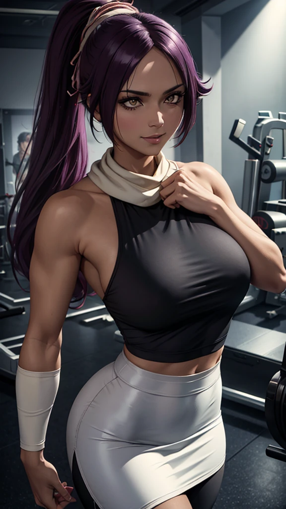 realistic 1.2, She is at the gym, gym, (masterpiece, best quality: 1.2), photo the cowboy, Alone, 1 girl, shihouin yoruichi, smile,  Looking at the spectator ,  ponytail, black tank top, white scarf,  technology wearing a white skirt with black leggings underneath, The level of detail is inspiring, realistic 1.2,  volumetric effects add depth and dimension , and the photorealism is unmatched. The image is rendered in 8K resolution,  ensuring super-detailed visuals .  Volumetric lighting adds a touch of magic ,  highlighting your beauty and aura in a supernatural way . A High Dynamic Range  (HDR) makes the cores stand out, adding richness to the overall composition. In the end, this art presents an unreal portrait.