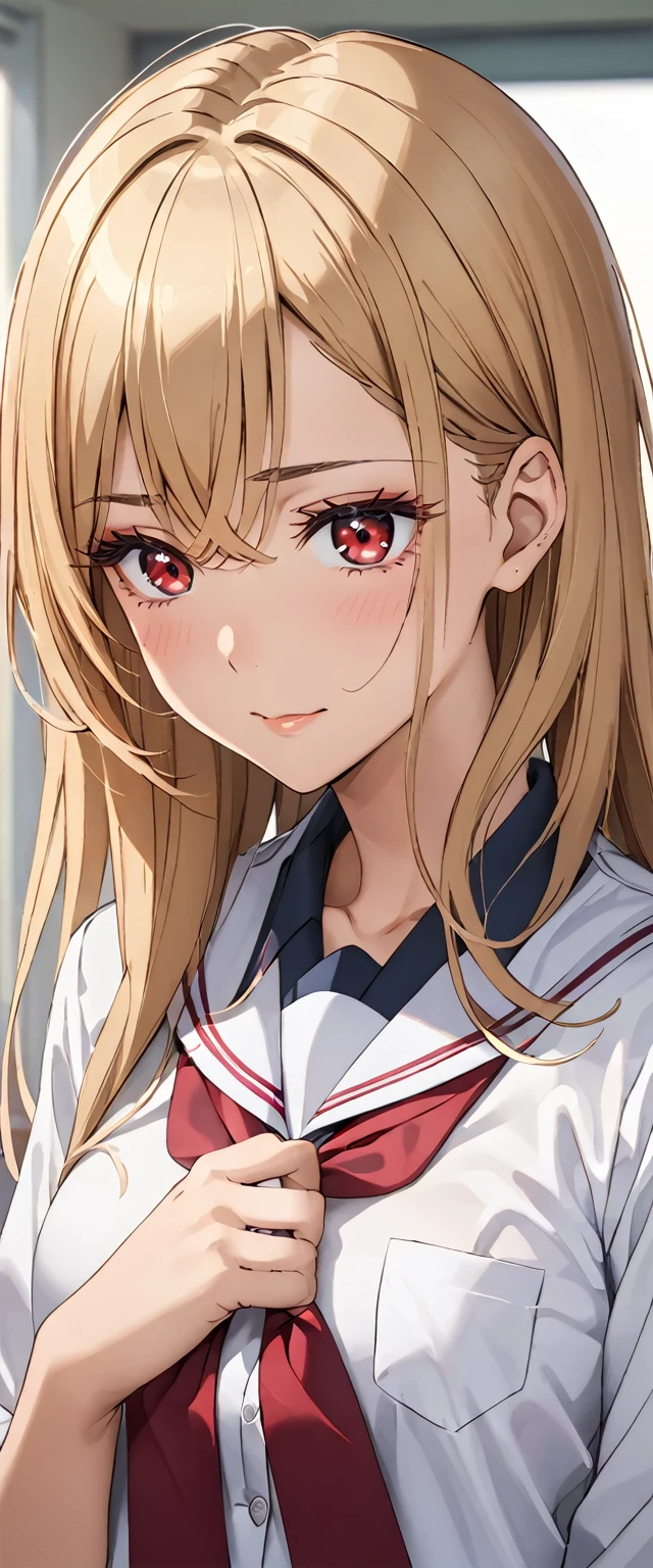 Gal, Makeup, Blonde, Red eyes, Student Uniform, 