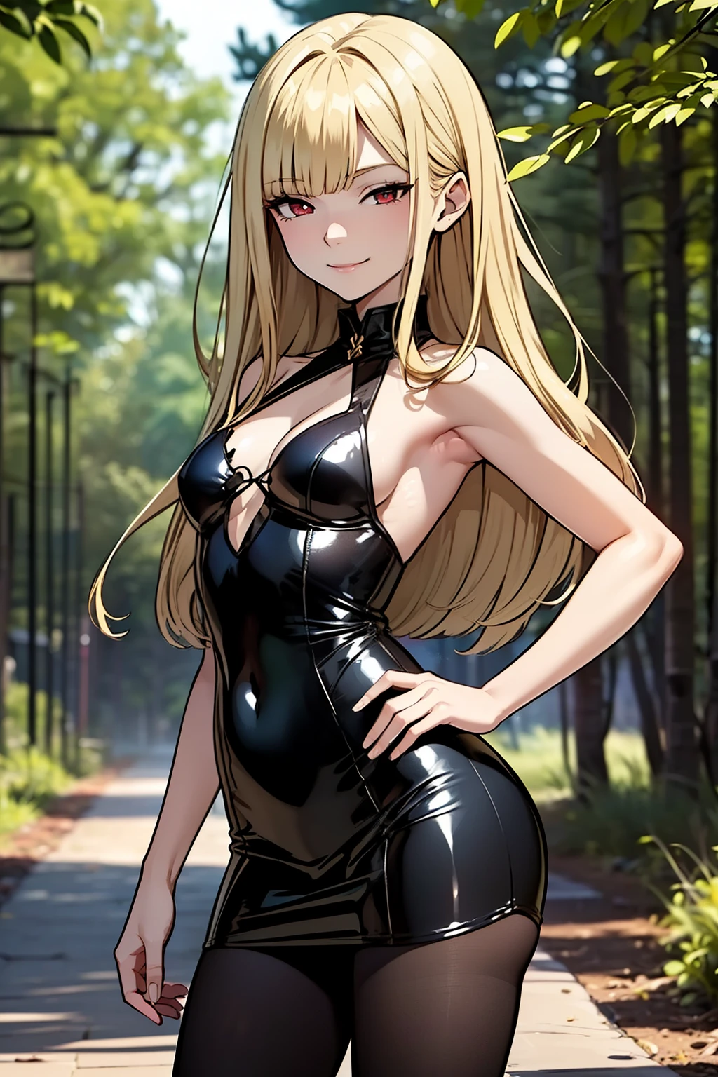 (Masterpiece), Best Quality, ultra-detailed, 1girl (evangeline a.k. mcdowell, ite, lovely small breasts, wide hips, blonde hair, long hair, red eyes, half-closed eyes), wicked smile, solo, sundress (one-piece), micro skirt, brown pantyhose, forest, standing, a provocative pose. 