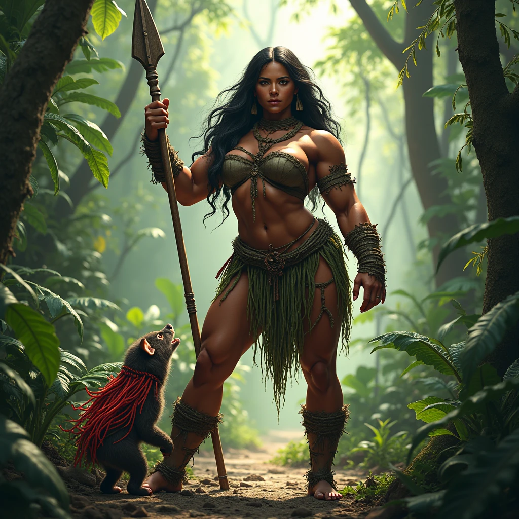 A full body of a highly realistic panoramic sunlight image of Tarzan. Jane looks on anxiously with a spear in her hand to come to the rescue., Both are half-naked dressed in the short loincloth of a primeval man, both standing dripping with water in the crashing waters of a very high waterfall half surrounded by big jungle trees in 70000000 BC, HD photography, ultra-realistic, King Tut, 4k, hyper-realistic, sharp texture, color. Her face with glistening water droplets is illuminated by the sun. She stands upright in the running water of the river, a perfect face model, Arabella mist-splitter, perfect face), beautiful lips:5 stylish, beautiful female face, attractive female face!!!, beautiful feminine face, beautiful makeup, perfect face! all wet on a rainy night, scared look, eerie, creepy, dark ambient, cinematic lights, ultra sharp focus, bird's eye view, high view, looking at the camera, raindrops. A very realistic panoramic sunlight image of Tarzan riding on the back of an elephant while holding his blonde Jane in his arms. Both are naked but wearing only a primitive short narrow loincloth of a primeval man, both dripping with water in the crashing waters of a very high waterfall half surrounded by large jungle trees in 70000000 BC, HD photography, ultra-realistic, King Tut, 4k, hyper-realistic, sharp texture, colour