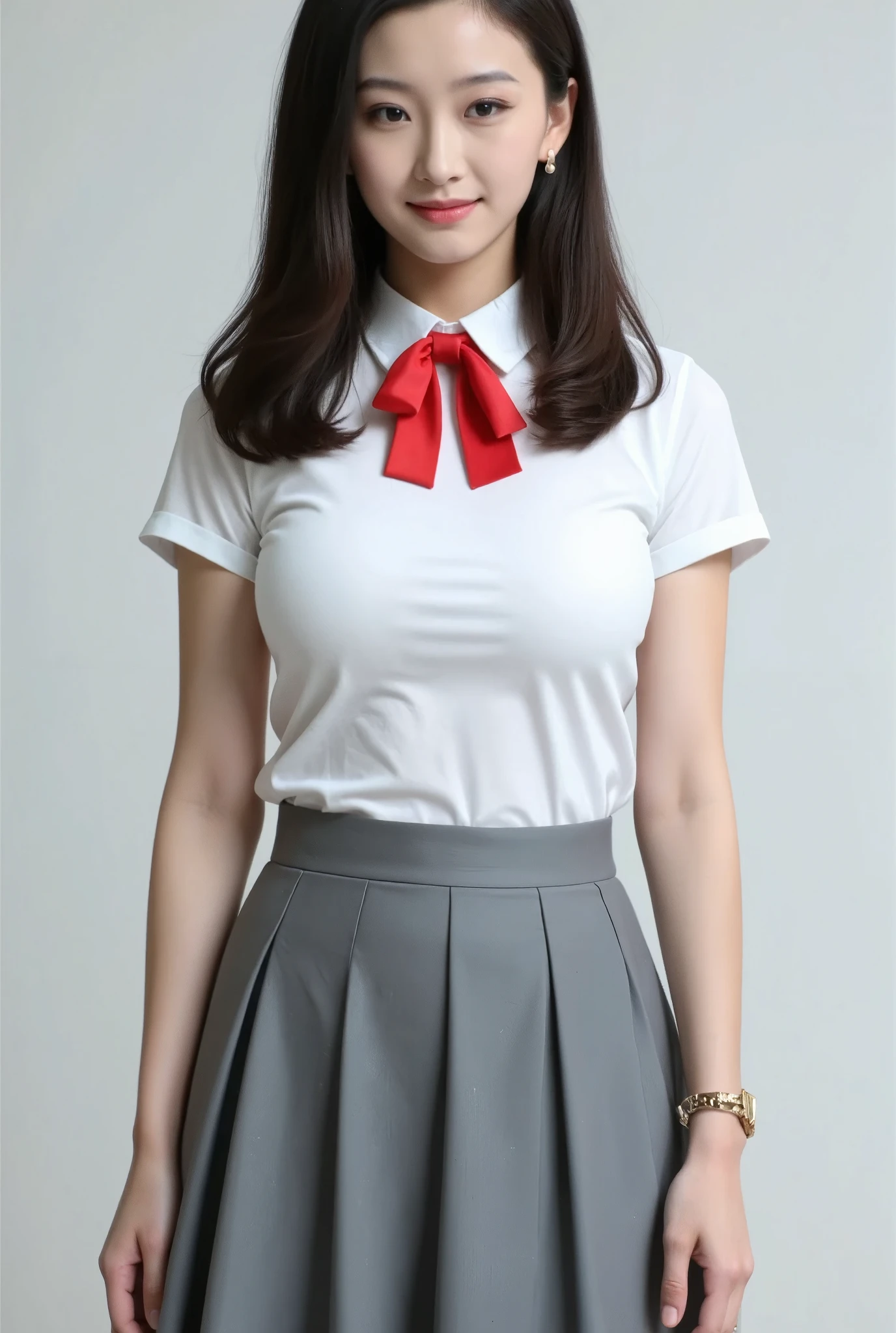 (megumi), (masterpiece, highest quality:1.2), One Girl, alone, Short sleeve, Grey Skirt, (Medium skirt),  Hime cut, tuck in, White collared shirt, red ribbon, plain attire