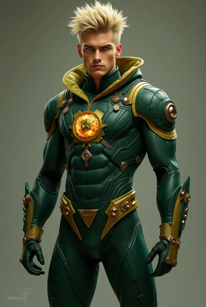 Half body focus photorealistic handsome hunky fractal masculine Element Lad.. wearing a green and yellow citrine transparent crystal chrome glass super suit , look at camera, detailed face parts,, studio as background, Freestyle Pose, Happy Expression, perfect anatomy, symmetric body,, 18 years old,  :: high detail, a lean athletic body, realistic, human skin, extremely detailed fingers,  chad chin,, masculine, human skin, (eyes contact), gorgeous, Attractive. super bulges