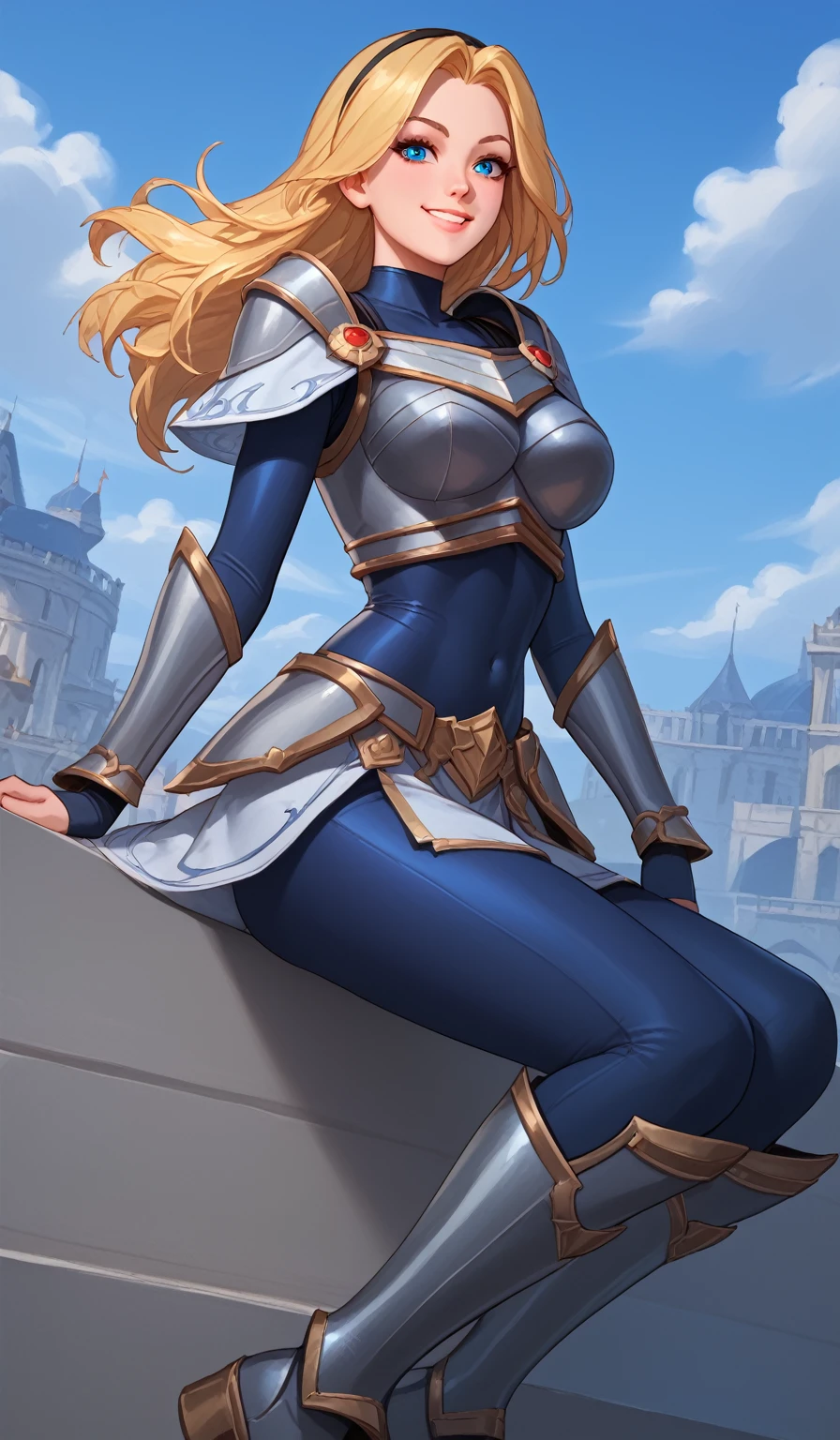 score_9, score_8_up, score_7_up, score_6_up, score_5_up, score_4_up, LuxLoLXL, blue eyes, blonde hair, long hair, black hairband, medium breasts, collarbone, shoulder armor, armor, blue bodysuit, breastplate, long sleeves, faulds, skirt, blue pants, armored boots, ((big breasts)), smile, alone full body,sitting on a cloud, blue sky clouds , knee high boots