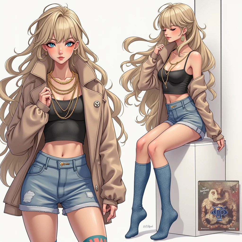 1 girl, 19 years old, habe largee Brüste und einen largeen Hintern, alone, Long hair, large , Viewers look at, blond hair, bare shoulders, brown eyes, jewellery, Full body, 项链, off shoulders, jacket, realisti, Sexy in a short t-shirt above the knee and a skirt in a luxurious home